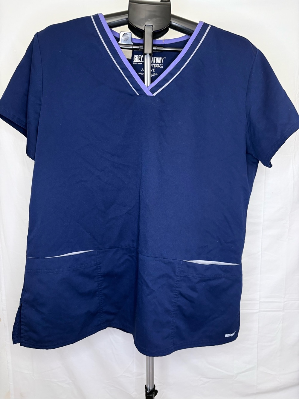 Grey's Anatomy Navy V-Neck Scrub Top with Purple & White Trim